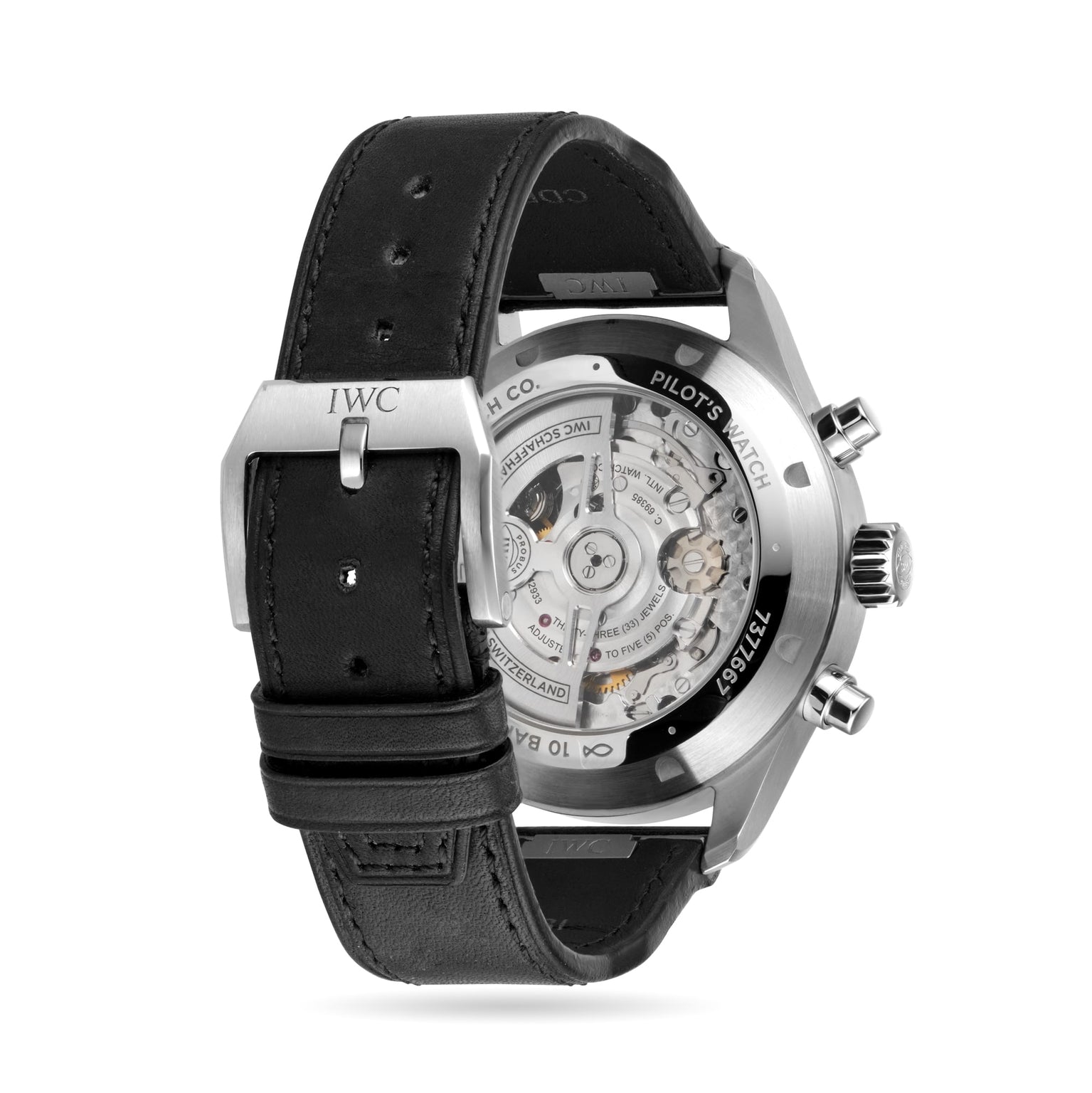 Back view of the IWC Schaffhausen Pilot’s Watch Chronograph, featuring a black leather strap, transparent case back displaying the automatic movement, and a striking black dial—exemplifying exceptional craftsmanship.