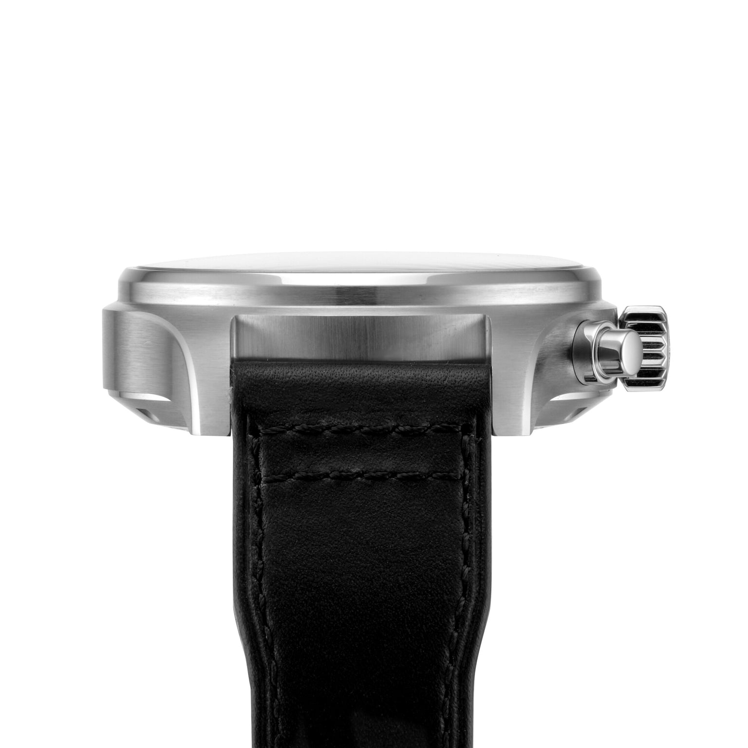 Side view of the IWC Schaffhausen Pilots Watch Chronograph with a stainless steel case, crown, black dial, black leather strap, and automatic movement, isolated on white.