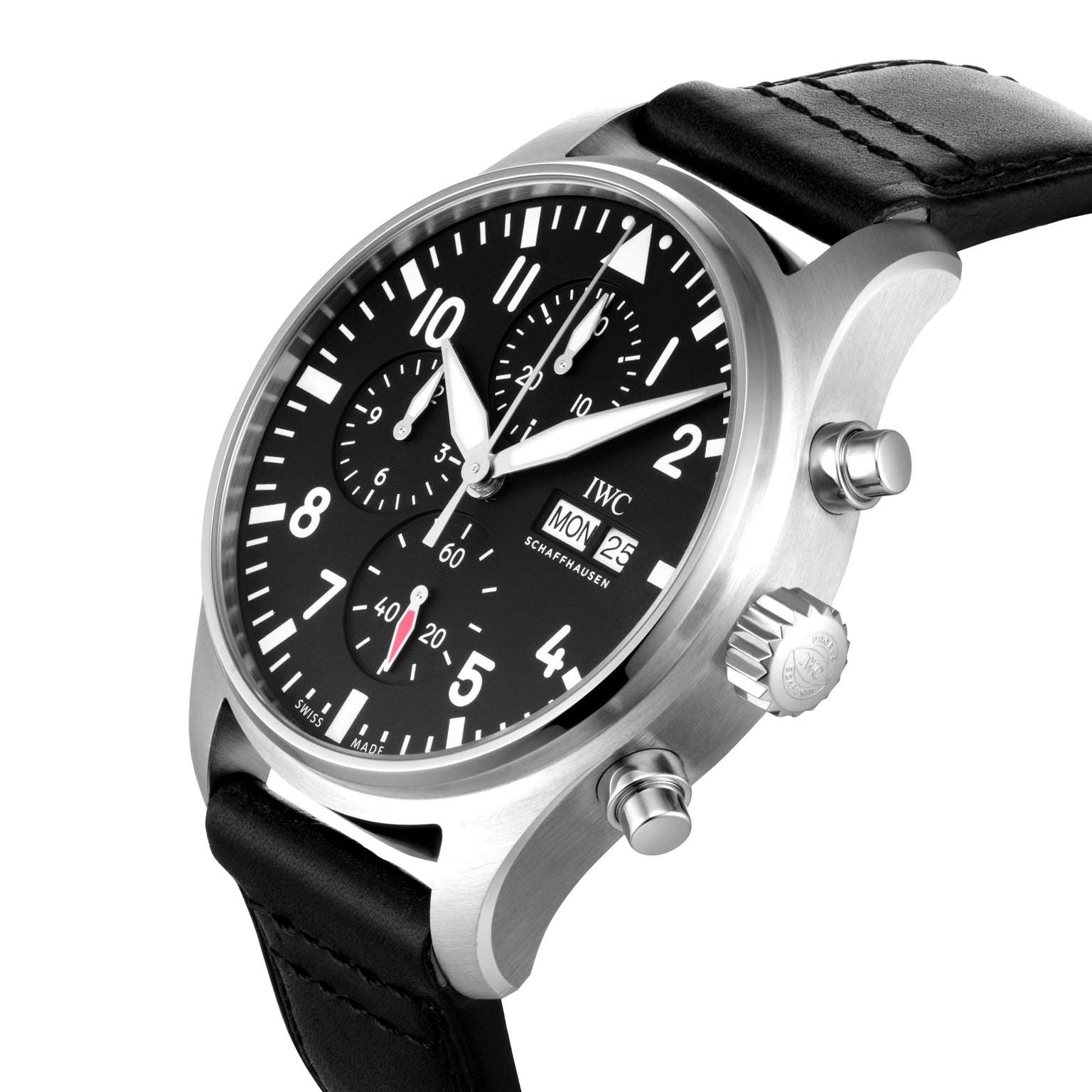 The IWC Schaffhausen Pilots Watch Chronograph features a stainless steel case, automatic movement, black leather strap, black dial with white numerals, three subdials, and a day-date display.