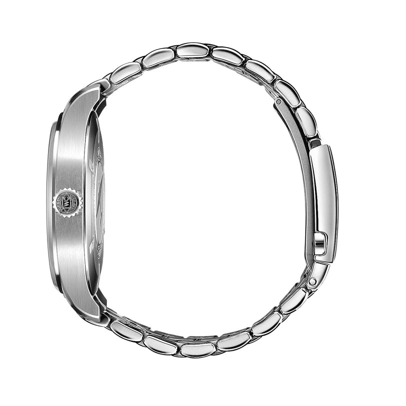 Side view of the IWC Schaffhausen Pilot’s Watch Mark XX, featuring a silver metal linked band and visible crown, shown on a white background.