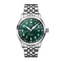 The IWC Schaffhausen Pilots Watch Mark XX is a stainless steel watch with a green dial, Arabic numerals, date display, and metal bracelet, powered by an IWC-manufactured automatic movement.