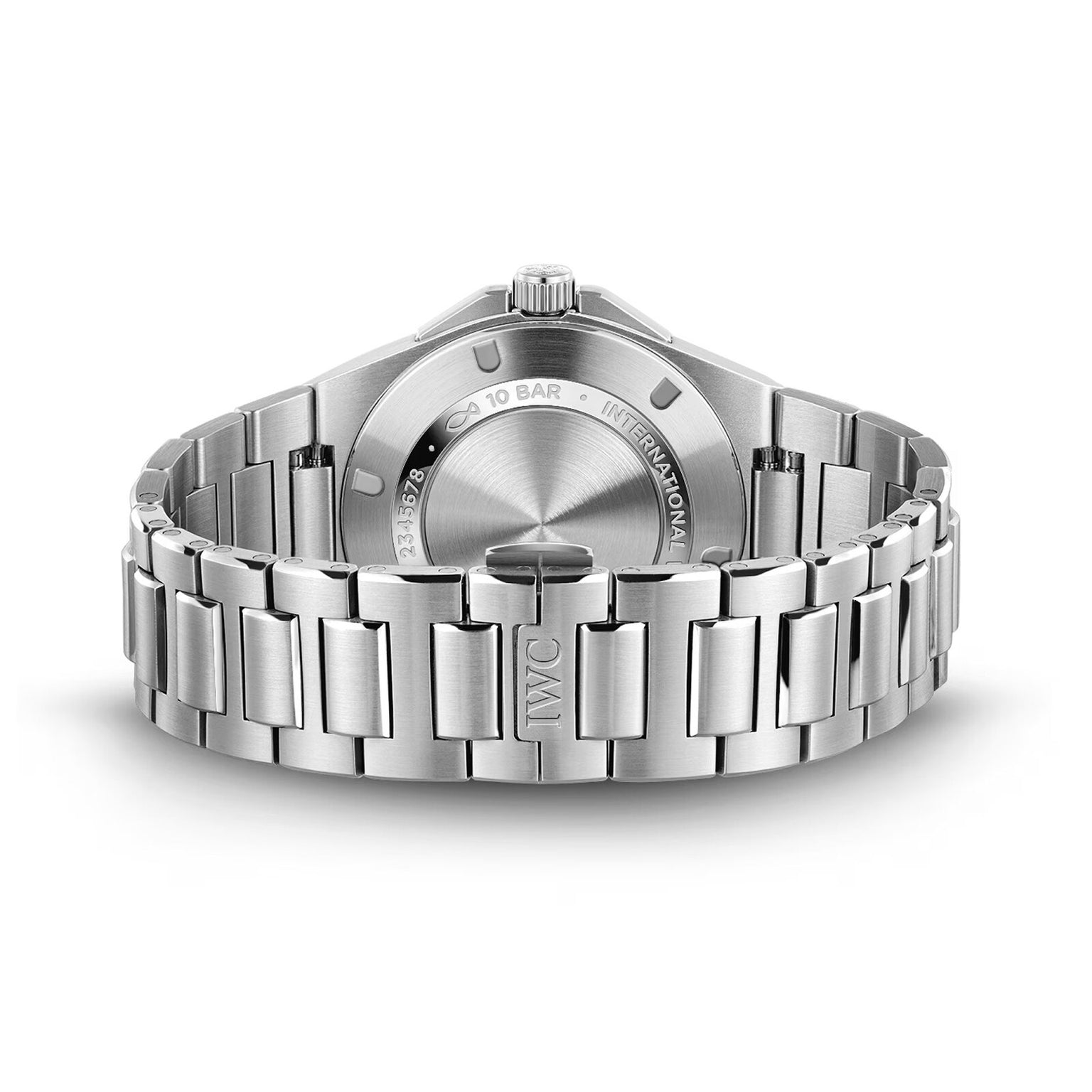 Back view of the IWC Schaffhausen Ingenieur Automatic 40, featuring a stainless steel link band and an engraved case back.