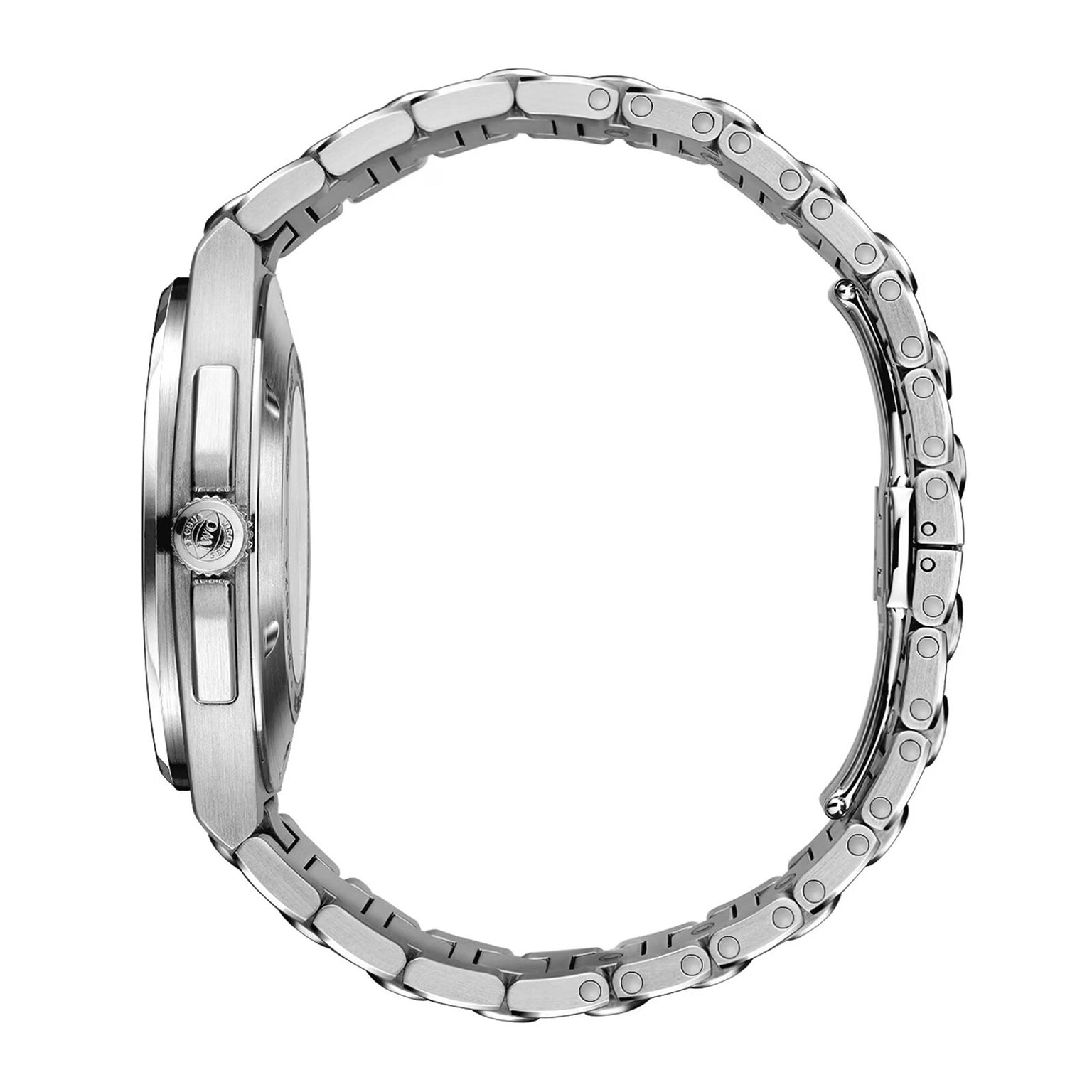 Side view of the IWC Schaffhausen Ingenieur Automatic 40 wristwatch, featuring a stainless steel linked bracelet and visible crown.
