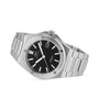 The IWC Schaffhausen Ingenieur Automatic 40, a silver stainless steel wristwatch with a black dial and date display, is displayed at an angle on a white background.