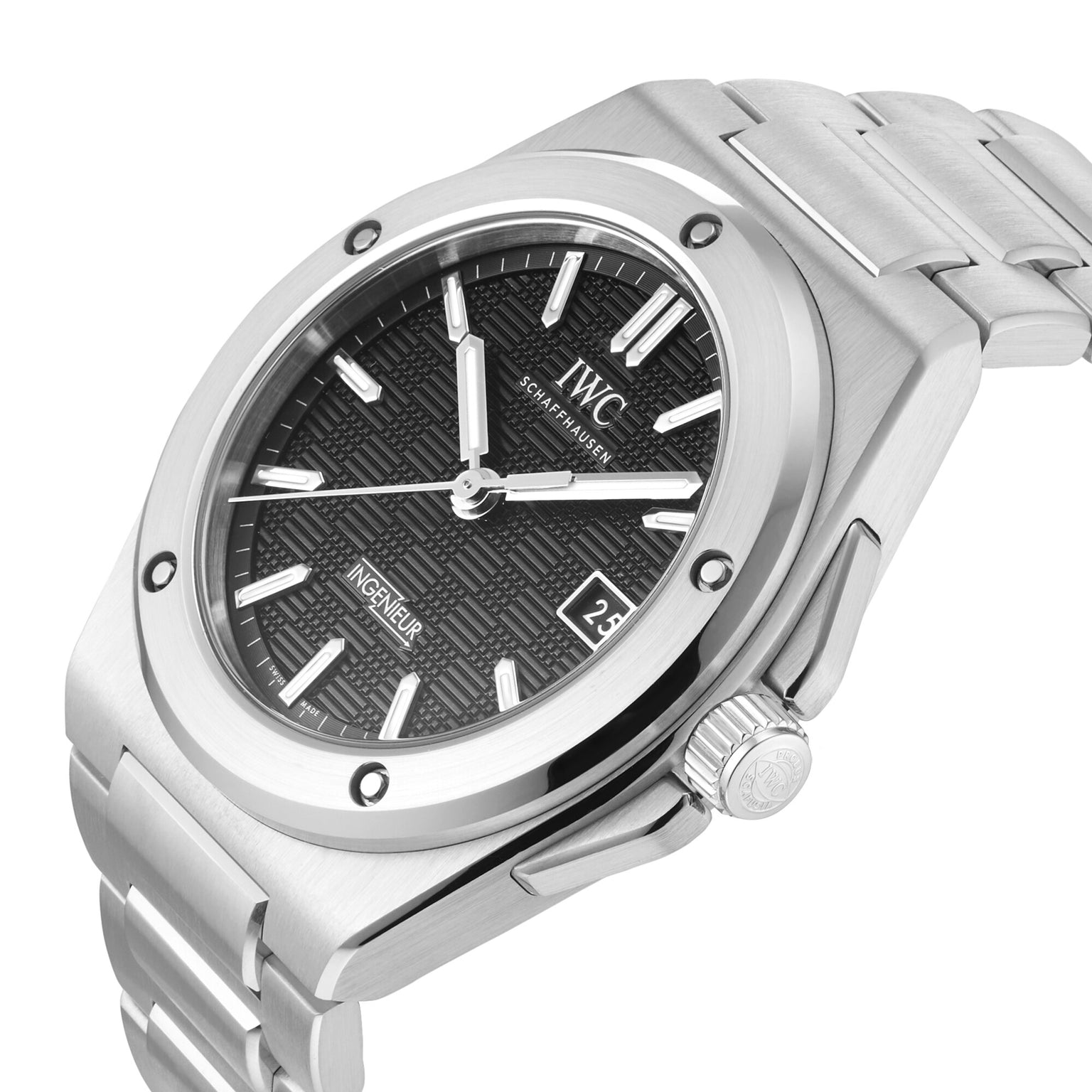 The IWC Schaffhausen Ingenieur Automatic 40 is a silver wristwatch featuring a black textured dial, date display, and metal bracelet.