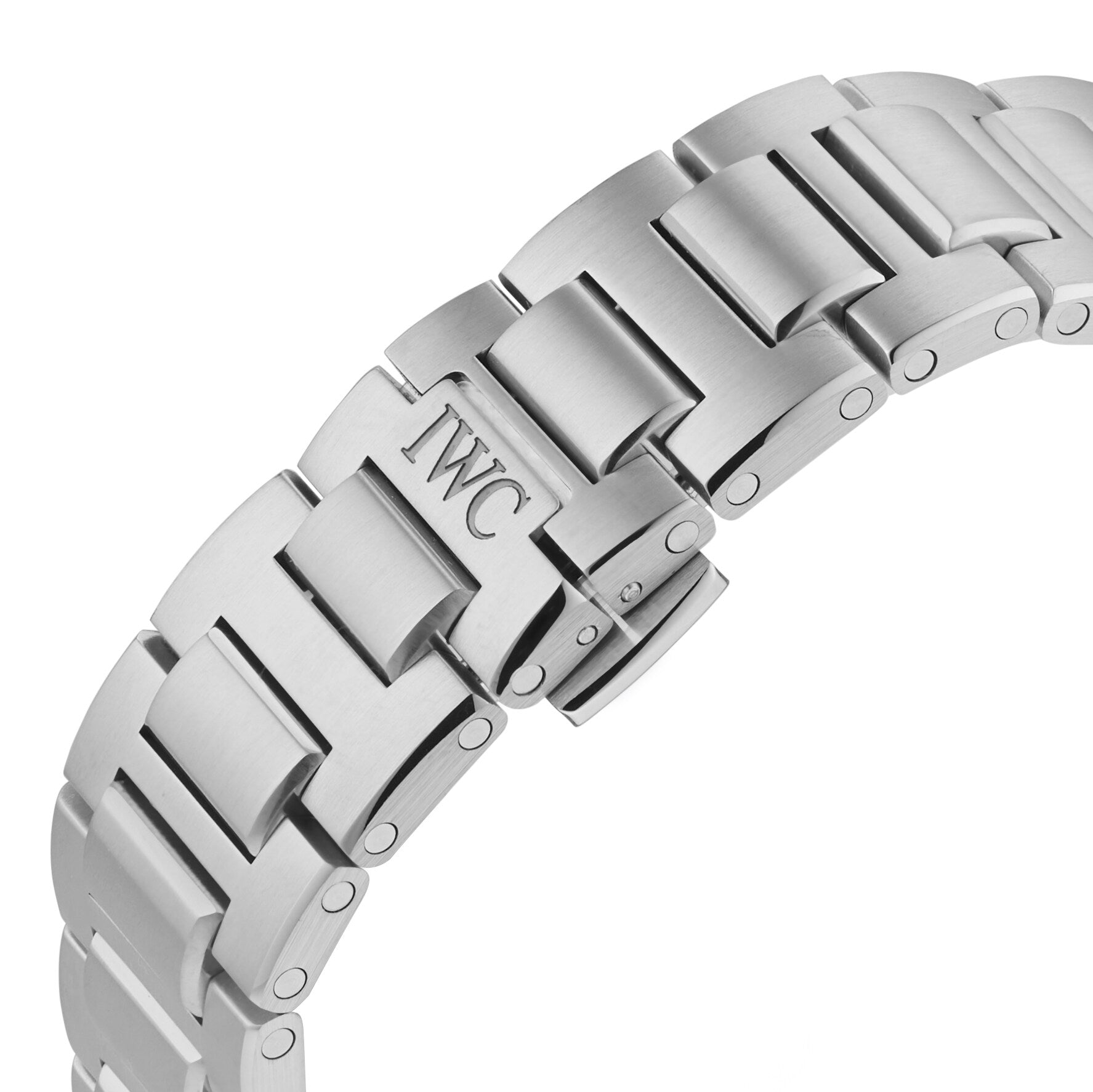 Close-up of the silver metal bracelet from the IWC Schaffhausen Ingenieur Automatic 40, featuring the IWC engraving on the clasp.