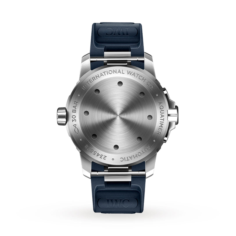 Back view of the IWC Schaffhausen Aquatimer Automatic, featuring a stainless steel case, blue rubber strap, and engraved markings on the case back.