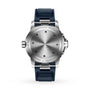 Back view of the IWC Schaffhausen Aquatimer Automatic, featuring a stainless steel case, blue rubber strap, and engraved markings on the case back.