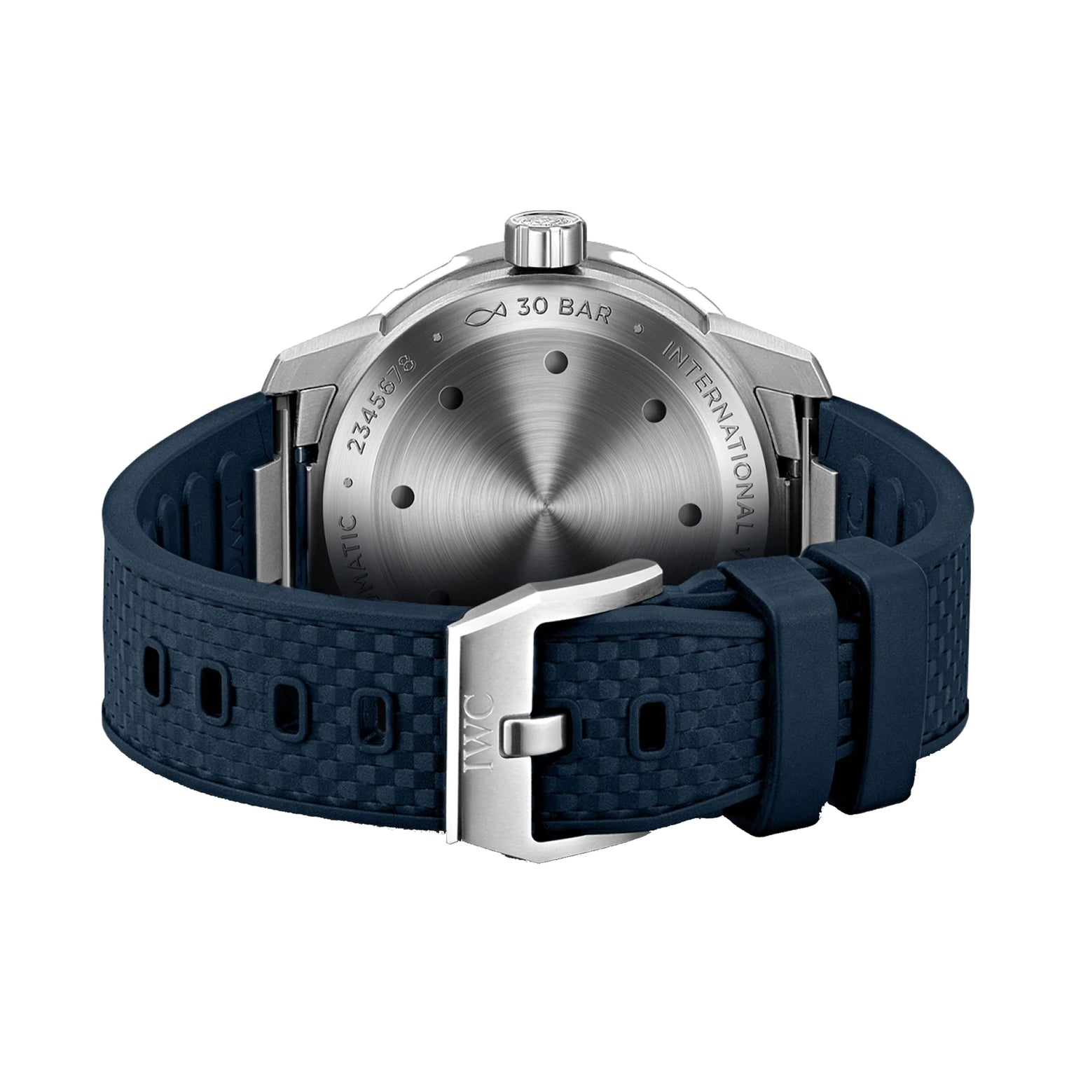 A close-up of the IWC Schaffhausen Aquatimer Automatic shows its stainless steel case, detailed engraved caseback, and dark blue textured strap with a stainless steel buckle.