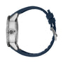 Side view of the IWC Schaffhausen Aquatimer Automatic wristwatch with a stainless steel case, visible crown, and a blue silicone strap with clasp.
