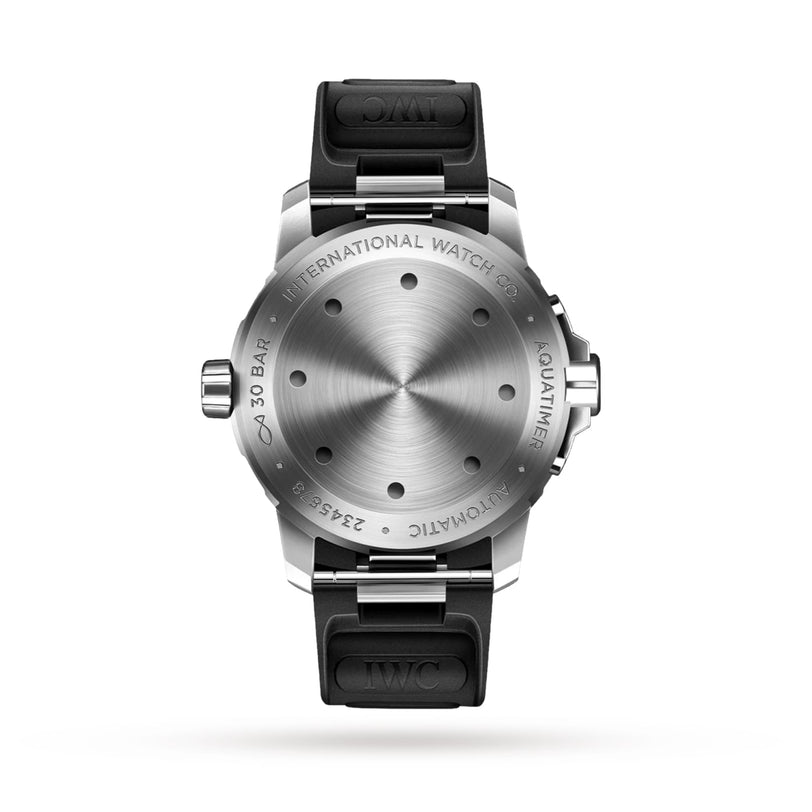 The image shows the back of an IWC Schaffhausen Aquatimer Automatic wristwatch with “International Watch Co” engraved, a black rubber strap, and stainless steel case back specifications.