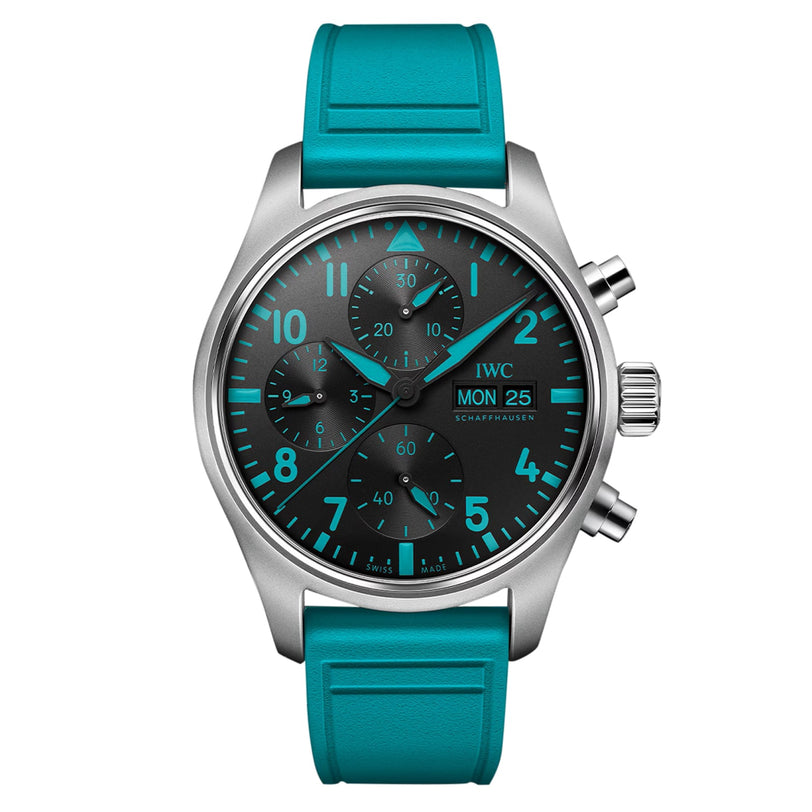 The IWC Schaffhausen Pilots Watch Chronograph 41 Edition Mercedes-AMG PETRONAS Formula One™ Team features a turquoise strap, black dial with turquoise details, and three subdials for day and date, inspired by Formula One dynamism.