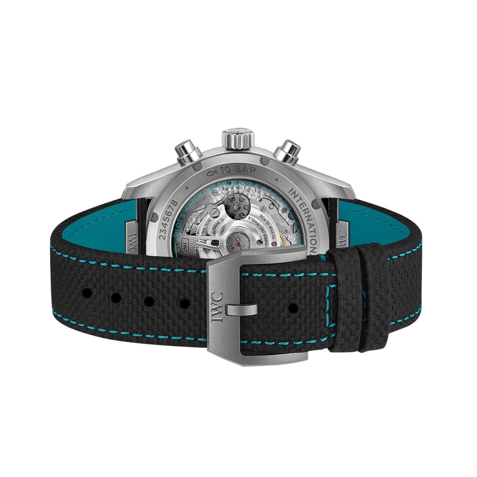 The back of the IWC Schaffhausen Pilots Watch Chronograph 41 Edition Mercedes-AMG PETRONAS Formula One™ Team shows its silver case, visible mechanics, black strap with blue stitching, and engraved clasp—reflecting F1 precision.