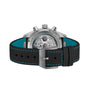 The back of the IWC Schaffhausen Pilots Watch Chronograph 41 Edition Mercedes-AMG PETRONAS Formula One™ Team shows its silver case, visible mechanics, black strap with blue stitching, and engraved clasp—reflecting F1 precision.
