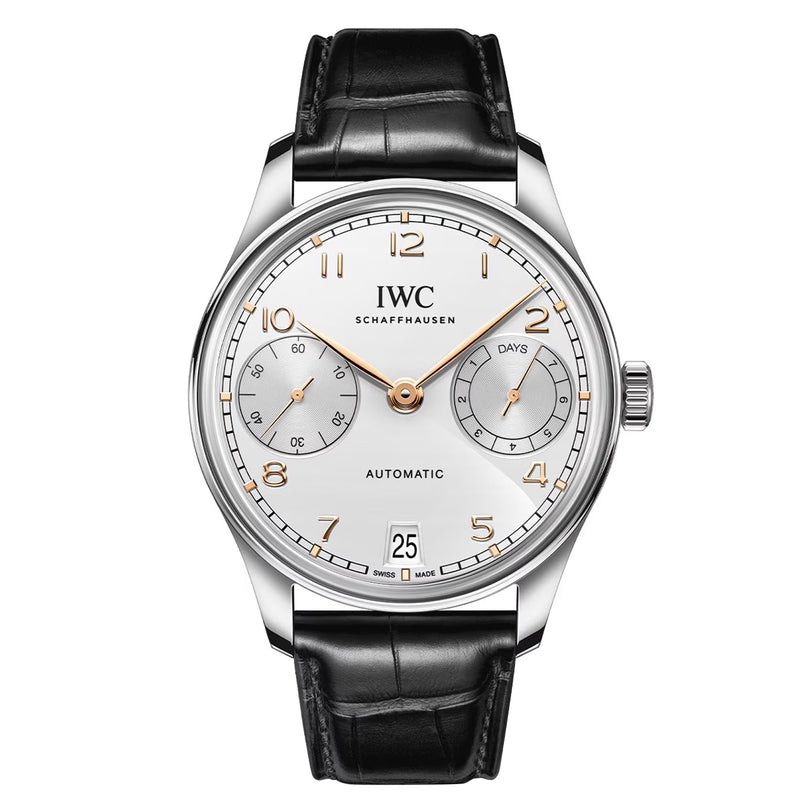The IWC Schaffhausen Portugieser Automatic 42 features a silver case, white dial with gold markers, two subdials, date at 6 o’clock, and a black leather strap.