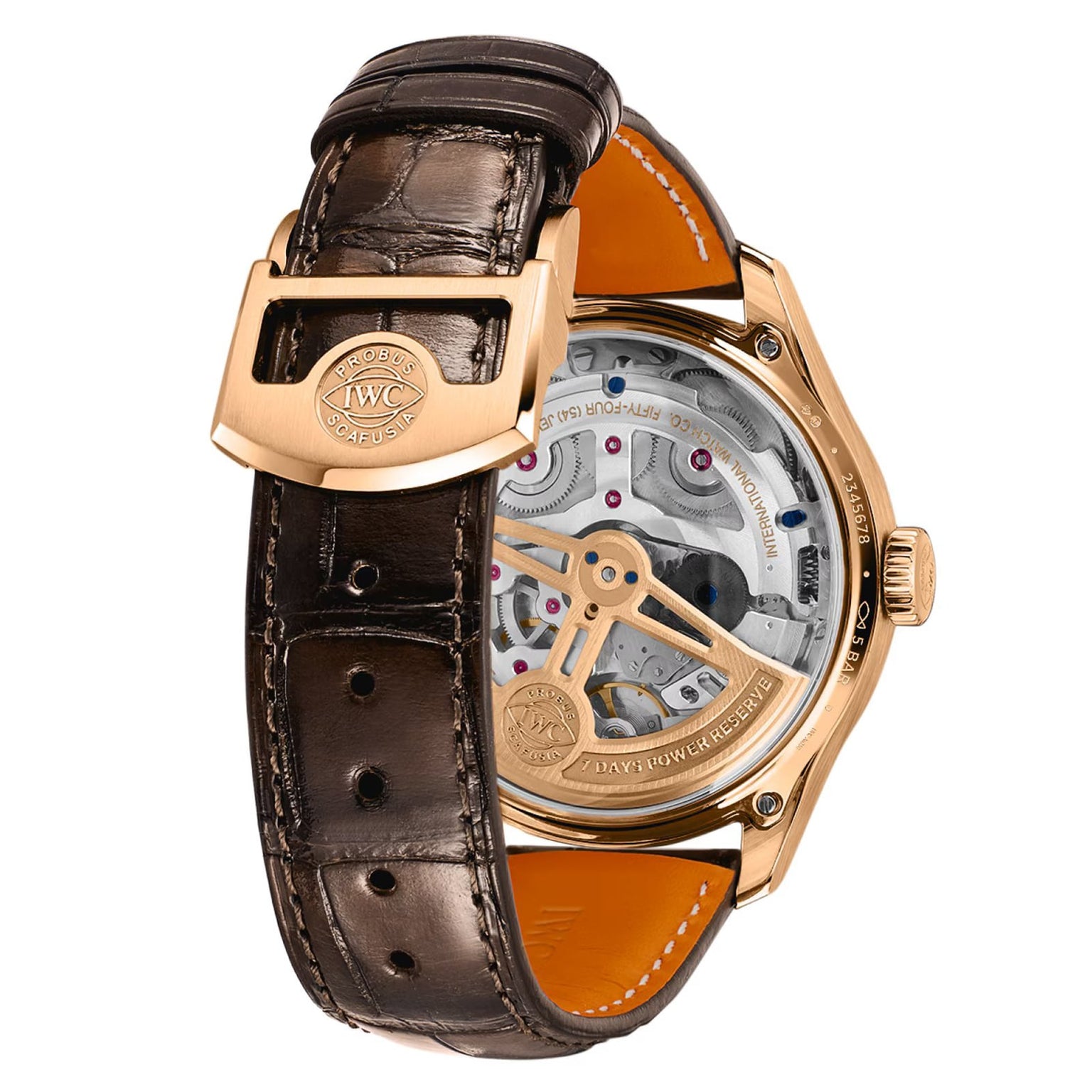 The IWC Schaffhausen Portugieser Perpetual Calendar 44 is a gold luxury wristwatch with a brown leather strap and a transparent case back showcasing its intricate mechanical movement.