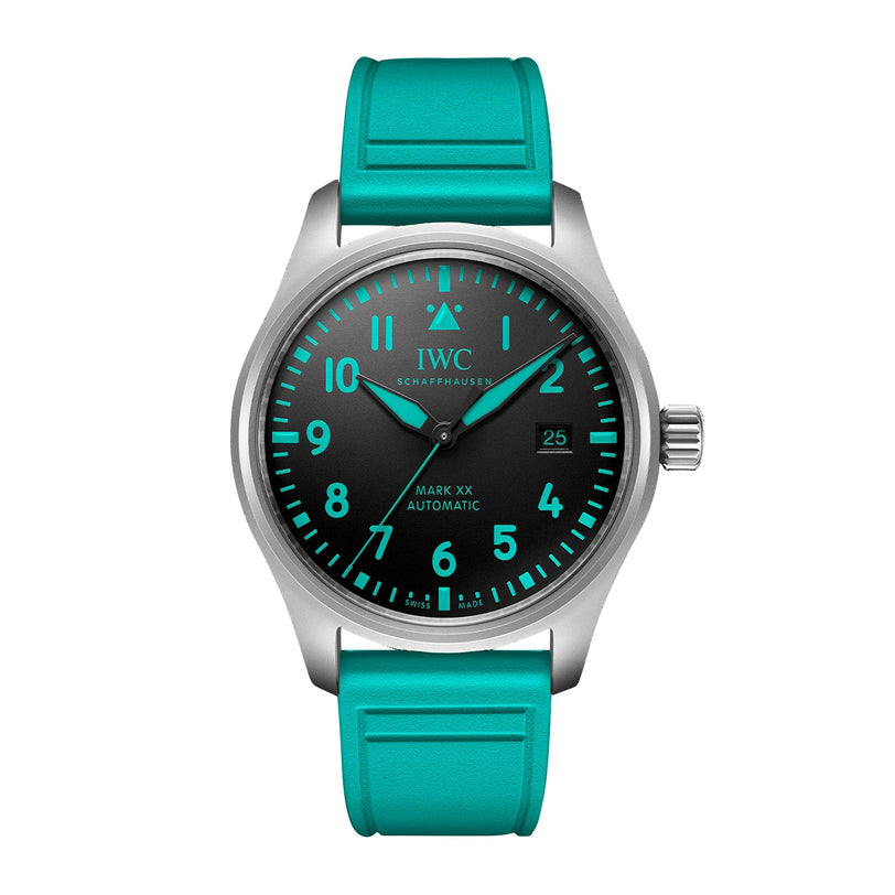 The IWC Schaffhausen Pilots Watch Mark XX Mercedes-AMG PETRONAS features a silver case, turquoise strap, and turquoise accents on a black dial, showcasing the time 10:09.