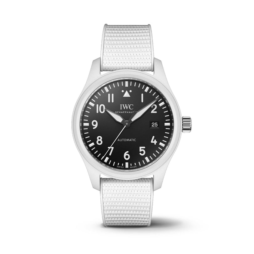 The IWC Schaffhausen Pilots Watch Automatic 41 Top Gun Lake Tahoe features a silver case, black dial with white numerals, white strap, and date at 3 oclock, presented on a plain white background. Inspired by the TOP GUN Lake Tahoe collection.
