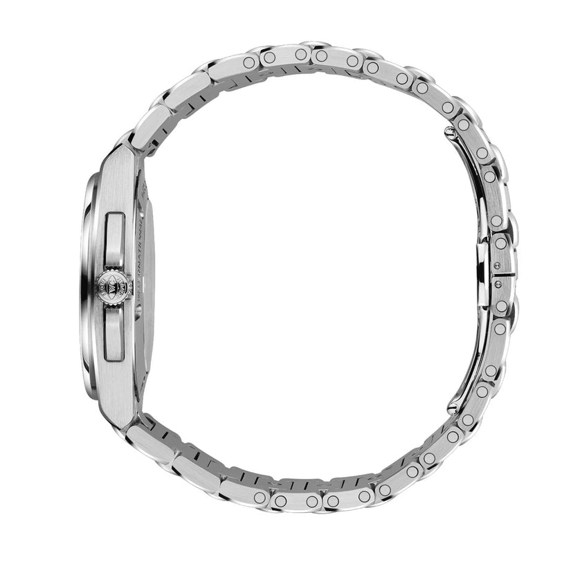 Side view of the Ingenieur Automatic 35 by IWC Schaffhausen, featuring a silver round metal case, linked bracelet band, and visible crown—an iconic design inspired by Gérald Genta’s legacy.