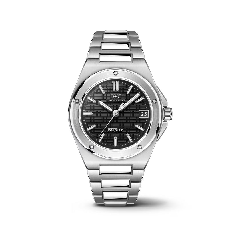 The IWC Schaffhausen Ingenieur Automatic 35 is a stainless steel wristwatch with a black textured dial, silver hour markers, date at 3 o’clock, metal link bracelet, and an exhibition case back.