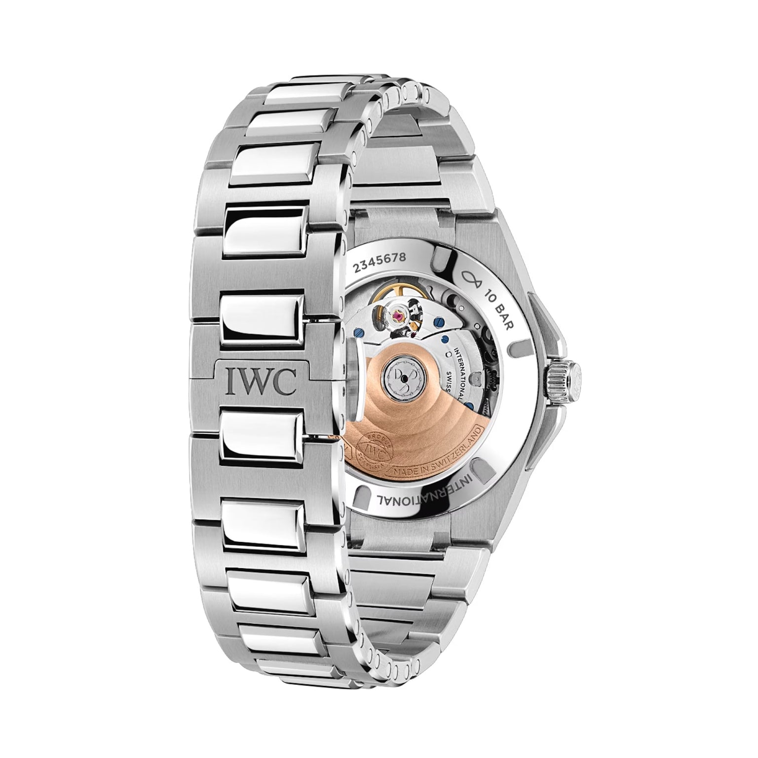 A close-up of the back of the IWC Schaffhausen Ingenieur Automatic 35 wristwatch, highlighting its stainless steel exhibition case back that reveals the automatic movement and engraved serial number.