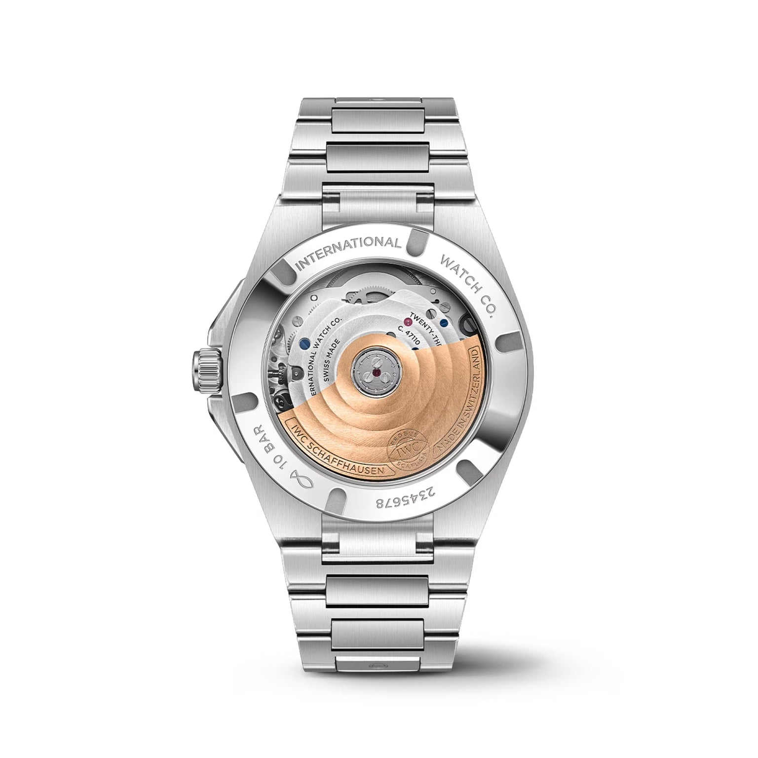 Back view of the IWC Schaffhausen Ingenieur Automatic 35, displaying its stainless steel case, exhibition case back with engraved text, and visible automatic movement featuring a gold rotor.