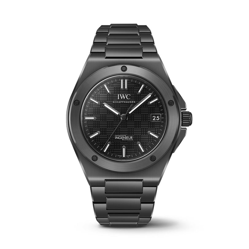 The IWC Schaffhausen Ingenieur Automatic 42 features a black textured dial, white Super-LumiNova hour markers, a date display at 3 oclock, and a metal bracelet.