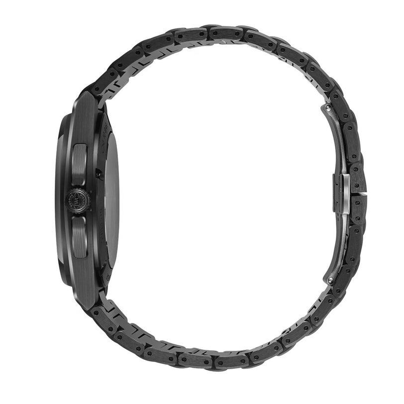 Side view of the IWC Schaffhausen Ingenieur Automatic 42 wristwatch with a metal link band, showcasing its crown, clasp, and Super-LumiNova accents.