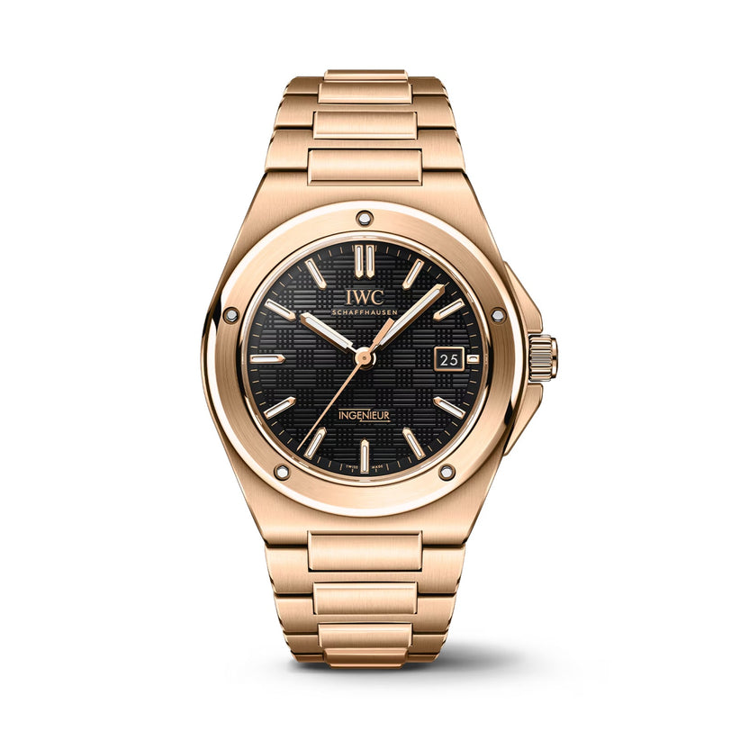 The IWC Schaffhausen Ingenieur Automatic 40 showcases an 18-carat gold case, black textured dial with gold markers, date at 3 o’clock, and a matching gold bracelet for a refined look.