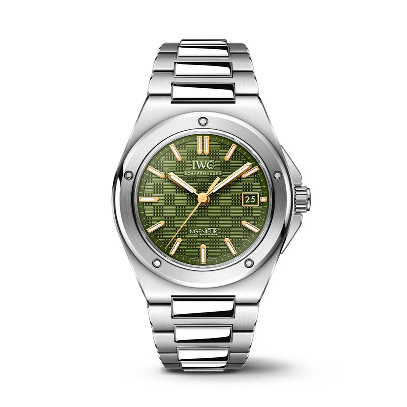 The IWC Schaffhausen Ingenieur Automatic 40 is a limited edition stainless steel watch with a green textured dial, gold Super-LumiNova-coated hour markers and hands, date at 3 o’clock, and a sleek metal link bracelet.