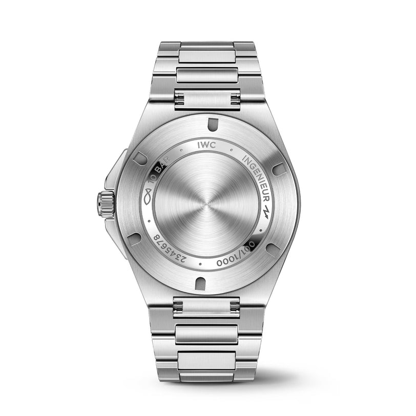 Back view of the IWC Schaffhausen Ingenieur Automatic 40, featuring a stainless steel case back with engraved markings and a metal bracelet, highlights this limited edition timepiece.
