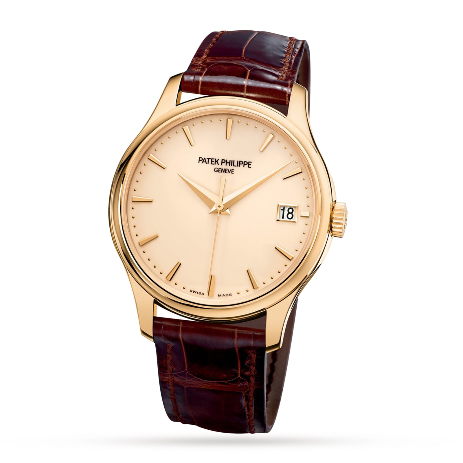 Patek Philippe Calatrava 5227R-001 wristwatch featuring a gold case, brown leather strap, beige dial, and date display at 3 o’clock.