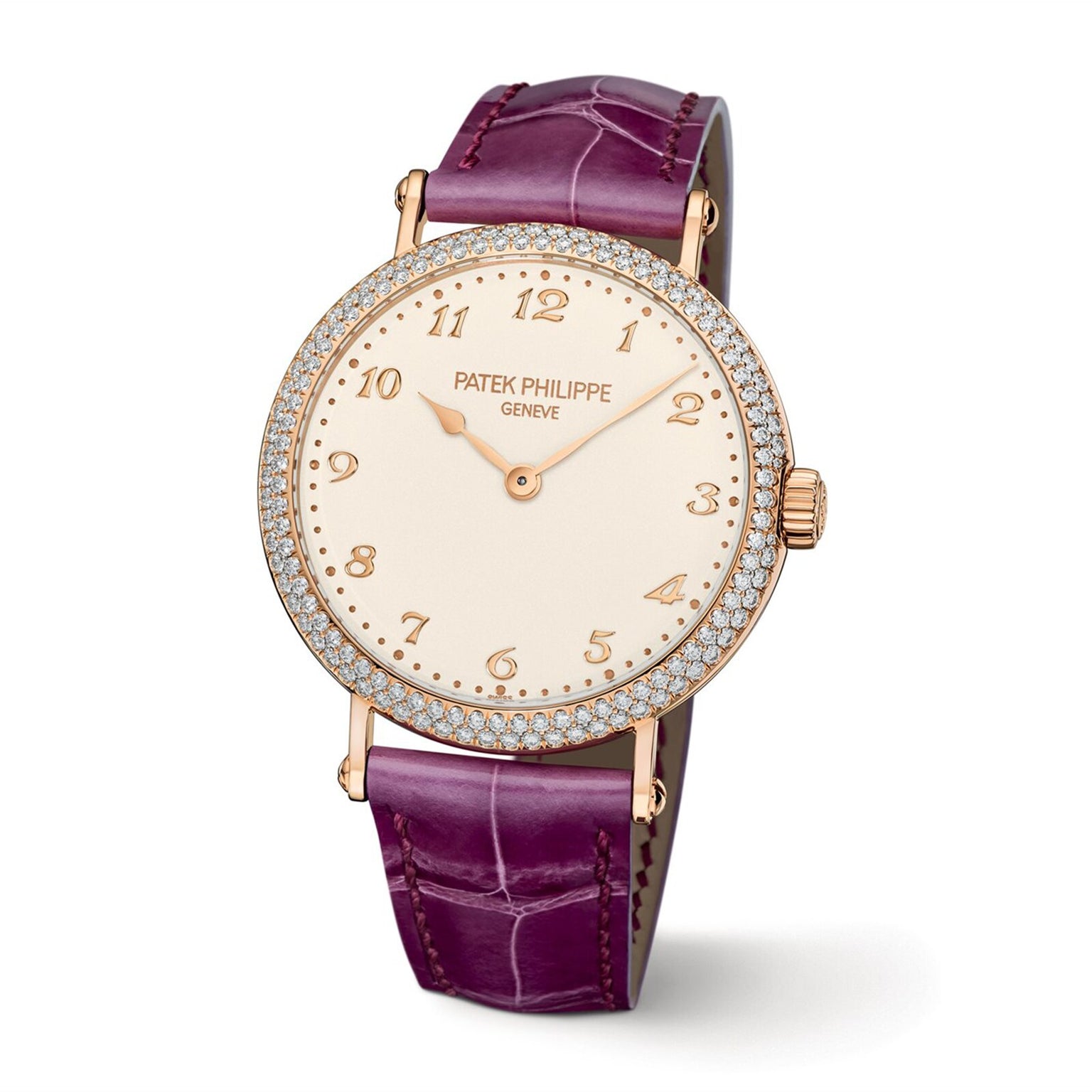 The Patek Philippe Calatrava 7200/200R-001 features a gold case, diamond bezel, purple leather strap, and gold numerals on a white dial.