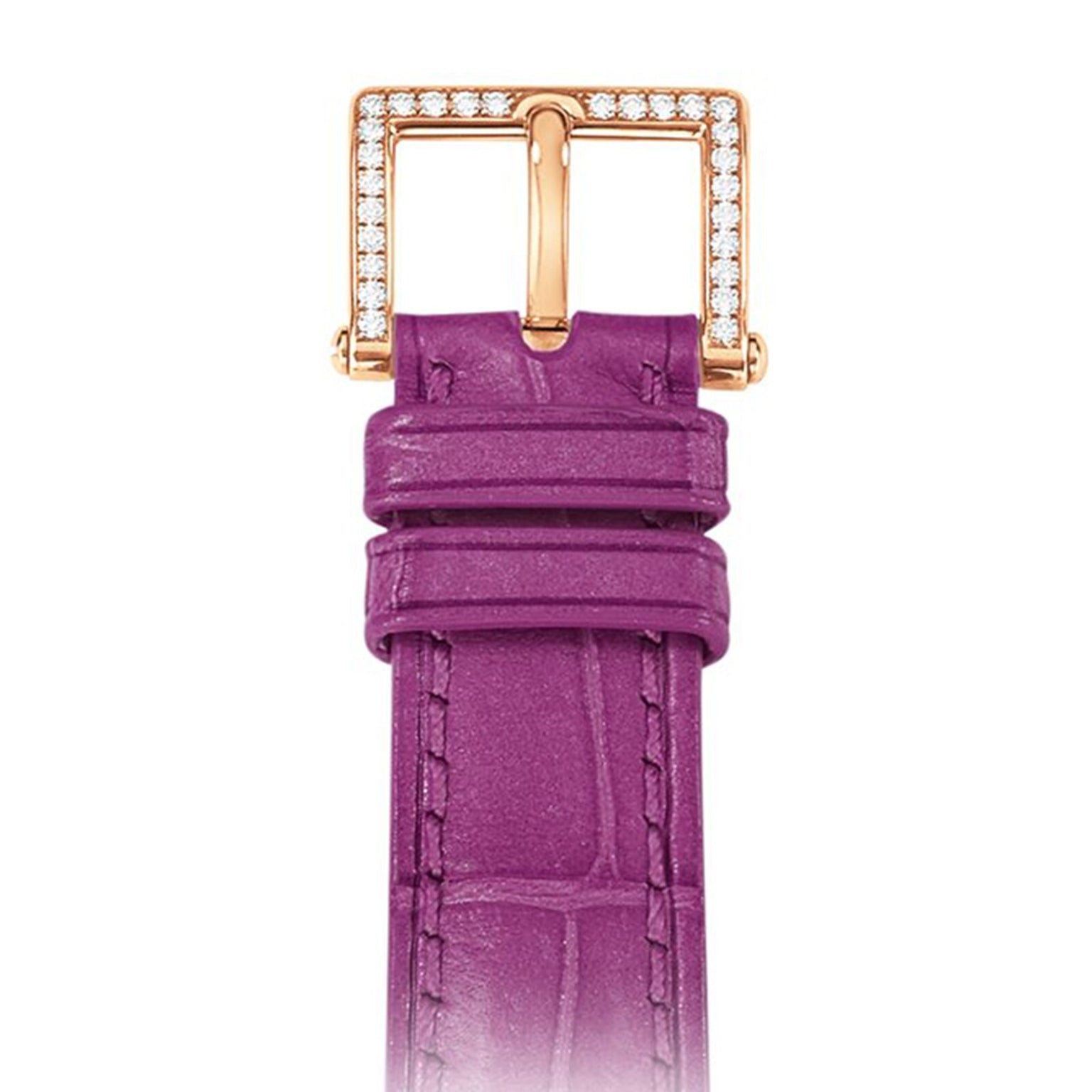 The Patek Philippe Calatrava 7200/200R-001 features a purple leather strap with a gold, square-shaped buckle adorned with small diamonds.