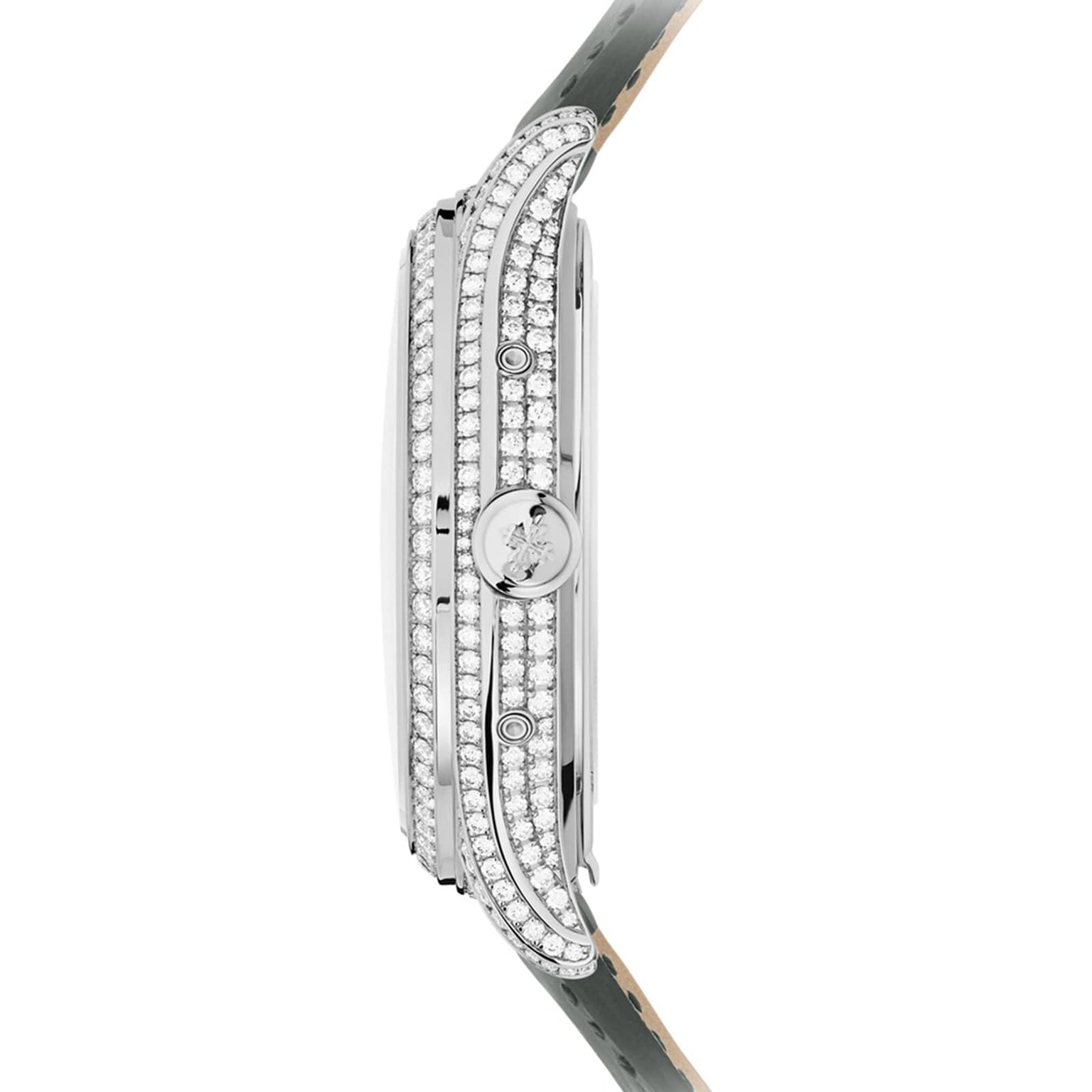 Side view of the Patek Philippe Complication 4948G-010, a slim silver watch featuring two diamond rows on the bezel and a patterned leather strap.