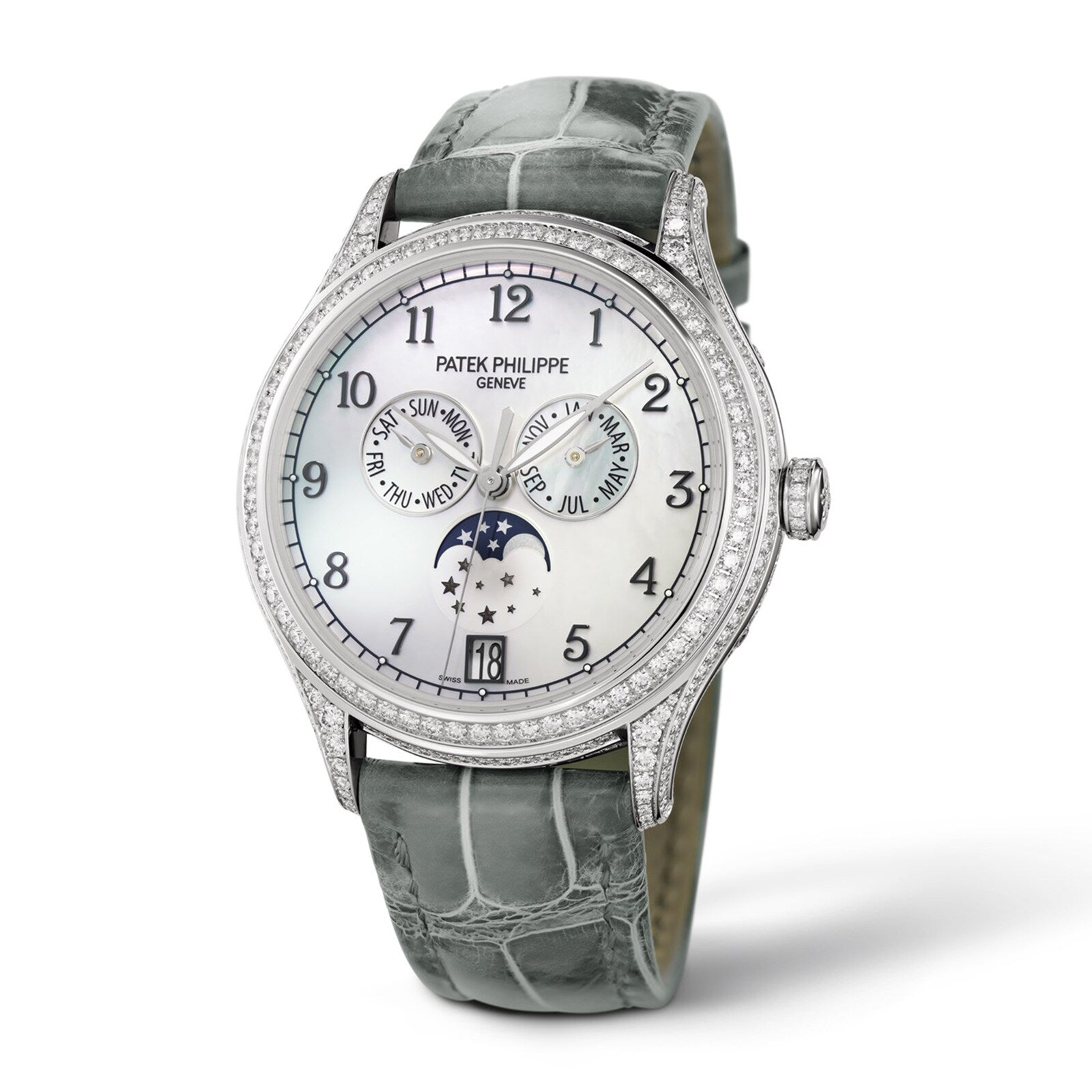 The Patek Philippe Complication 4948G-010 is a luxury watch featuring a diamond bezel, moon phase dial, and gray alligator leather strap.
