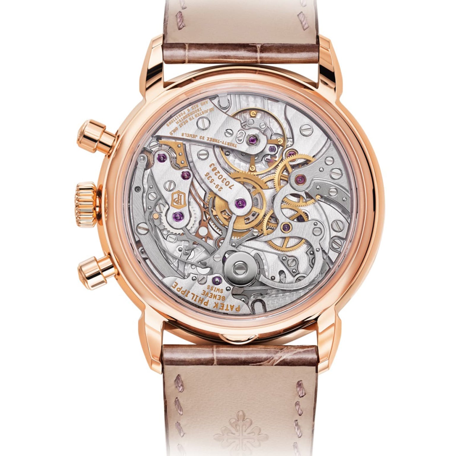 The Patek Philippe Complication 7150/250R-001 is a luxury watch featuring a rose gold case and a transparent back that reveals its intricate mechanical movement.