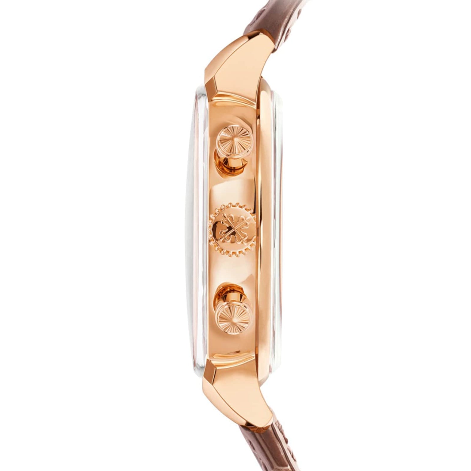 Side view of the Patek Philippe Complication 7150/250R-001, a rose gold wristwatch with a brown leather strap and intricate crown and pushers.