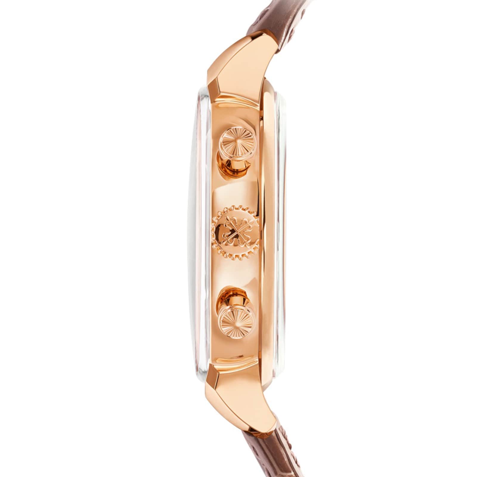 Side view of the Patek Philippe Complication 7150/250R-001, a rose gold wristwatch with a brown leather strap and intricate crown and pushers.