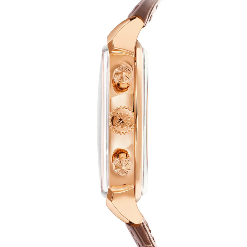 Side view of the Patek Philippe Complication 7150/250R-001, a rose gold wristwatch with a brown leather strap and intricate crown and pushers.