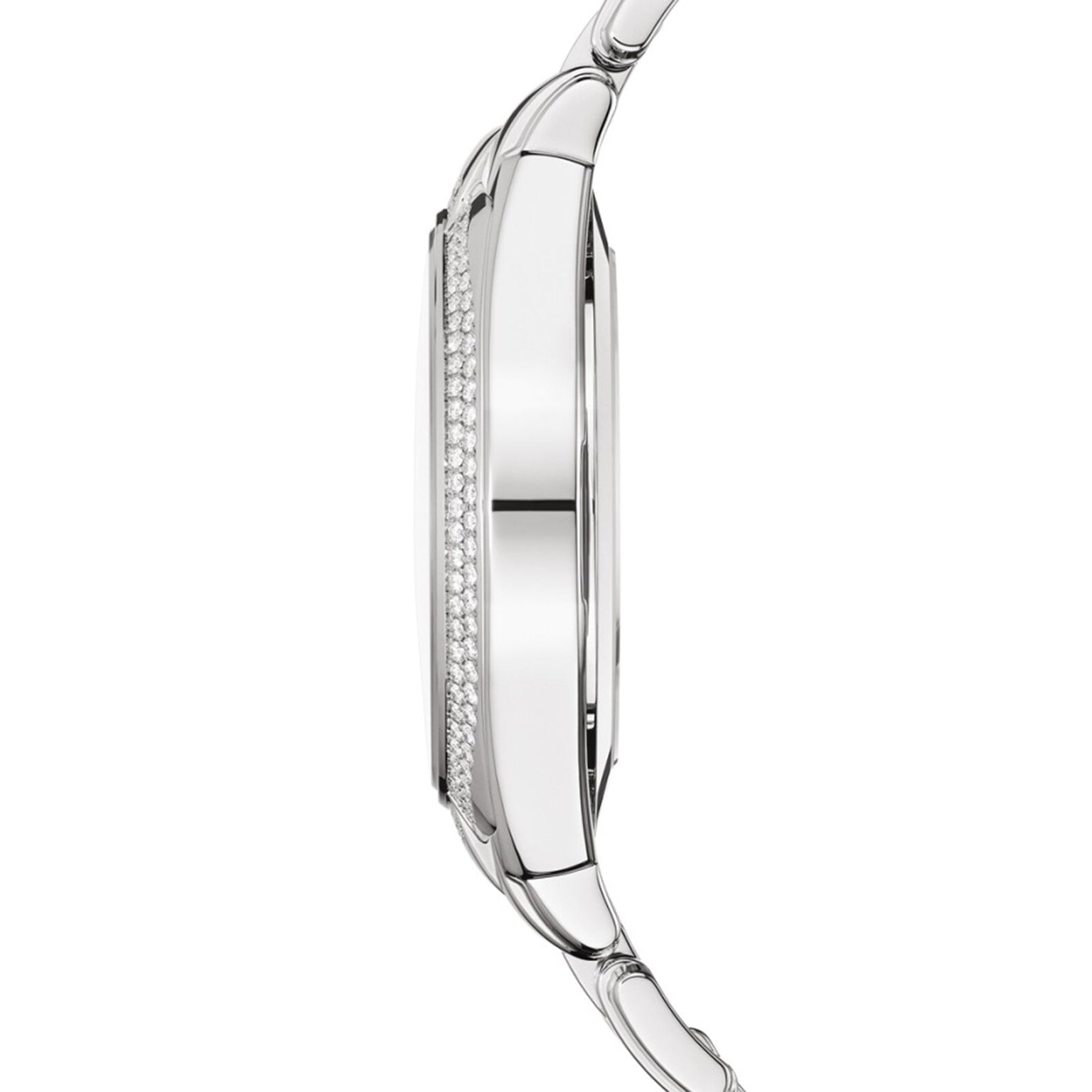 Side view of the Patek Philippe Twenty~4 7300/1200A-001, a slim silver wristwatch featuring a diamond-studded bezel and metal bracelet.