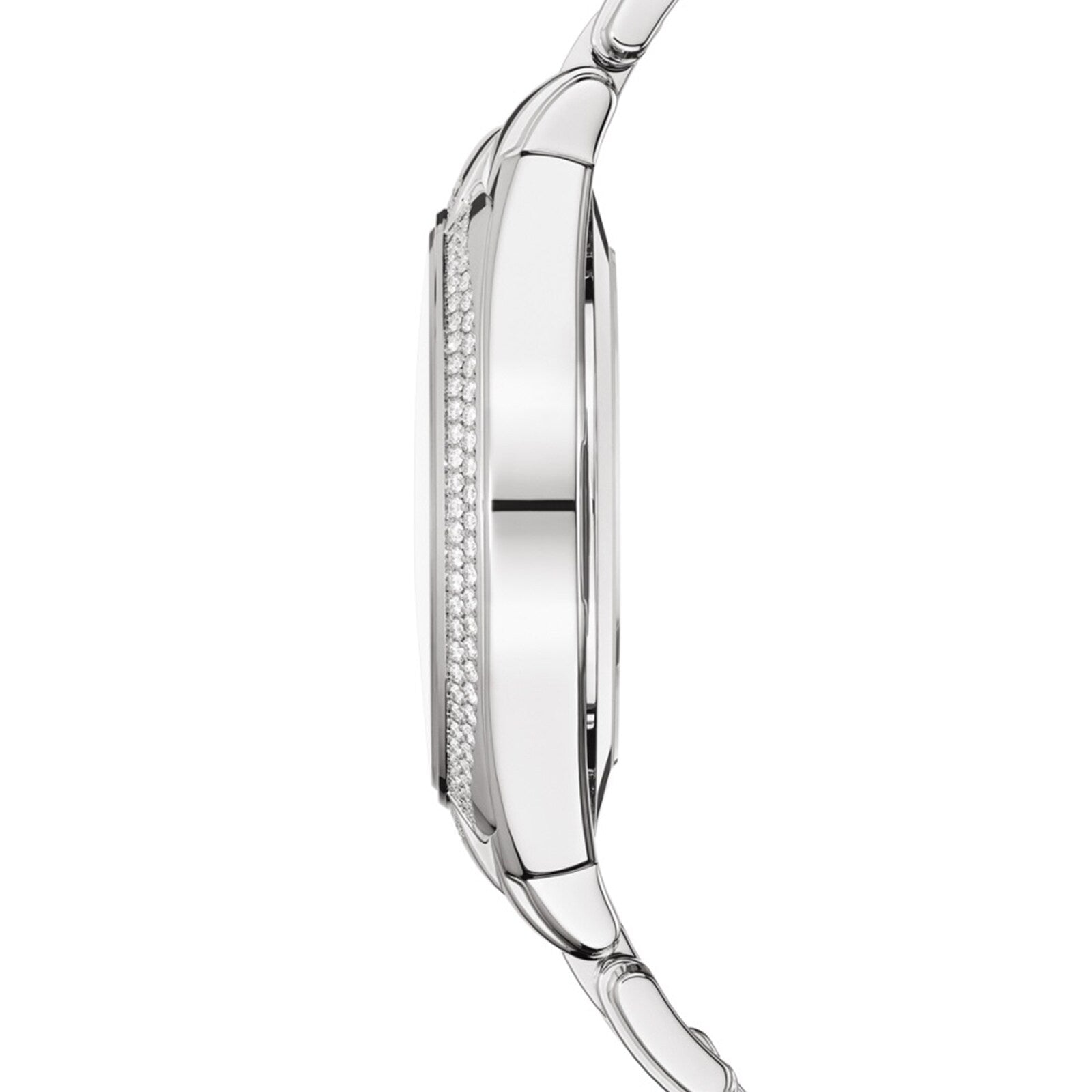 Side view of the Patek Philippe Twenty~4 7300/1200A-001, a slim silver wristwatch featuring a diamond-studded bezel and metal bracelet.