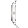 Side view of the Patek Philippe Twenty~4 7300/1200A-001, a slim silver wristwatch featuring a diamond-studded bezel and metal bracelet.