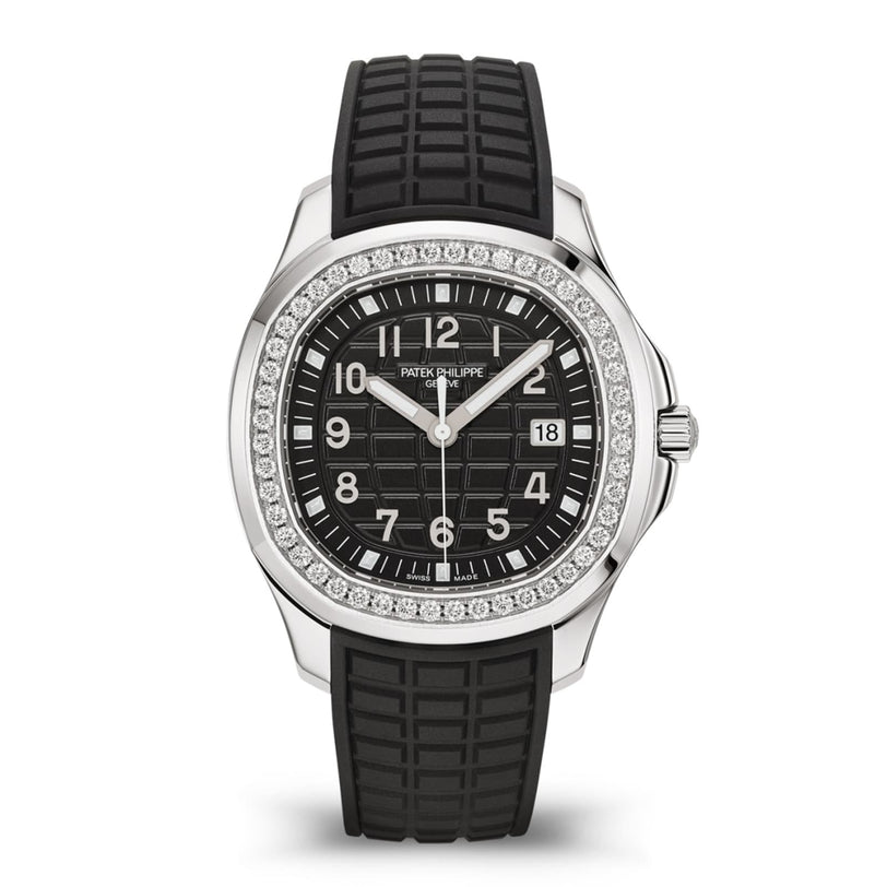 The Patek Philippe Aquanaut 5267/200A-001 is a luxury watch featuring a black dial, diamond bezel, black rubber strap, and silver hour markers.