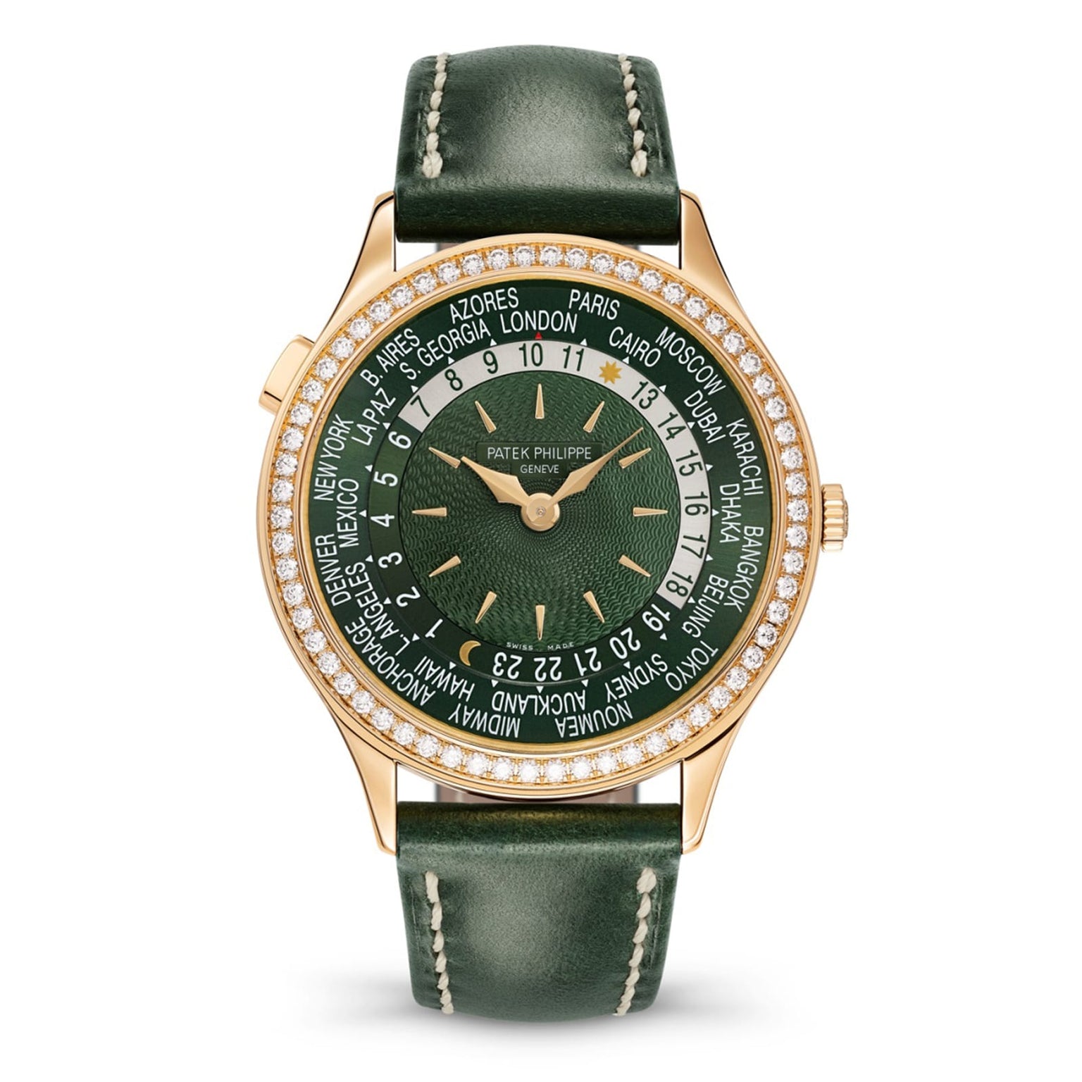 A Patek Philippe Complication 7130R-014 wristwatch featuring world time cities around the dial, in green and gold tones.