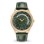 A Patek Philippe Complication 7130R-014 wristwatch featuring world time cities around the dial, in green and gold tones.