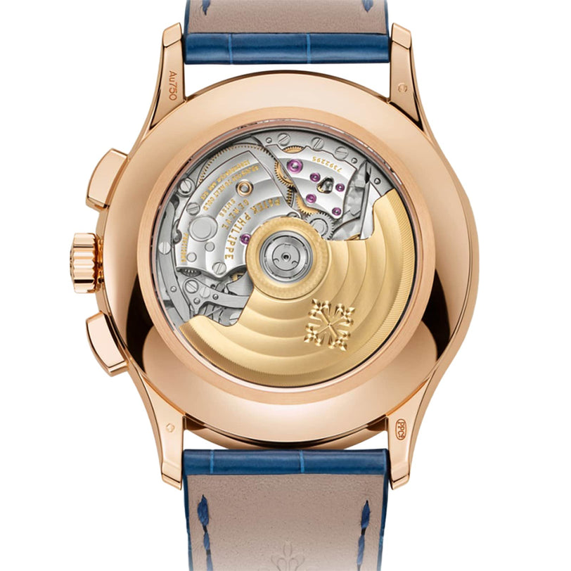Close-up of the Patek Philippe Complications 5905R-010’s back, highlighting its exposed mechanical movement and gold rotor.