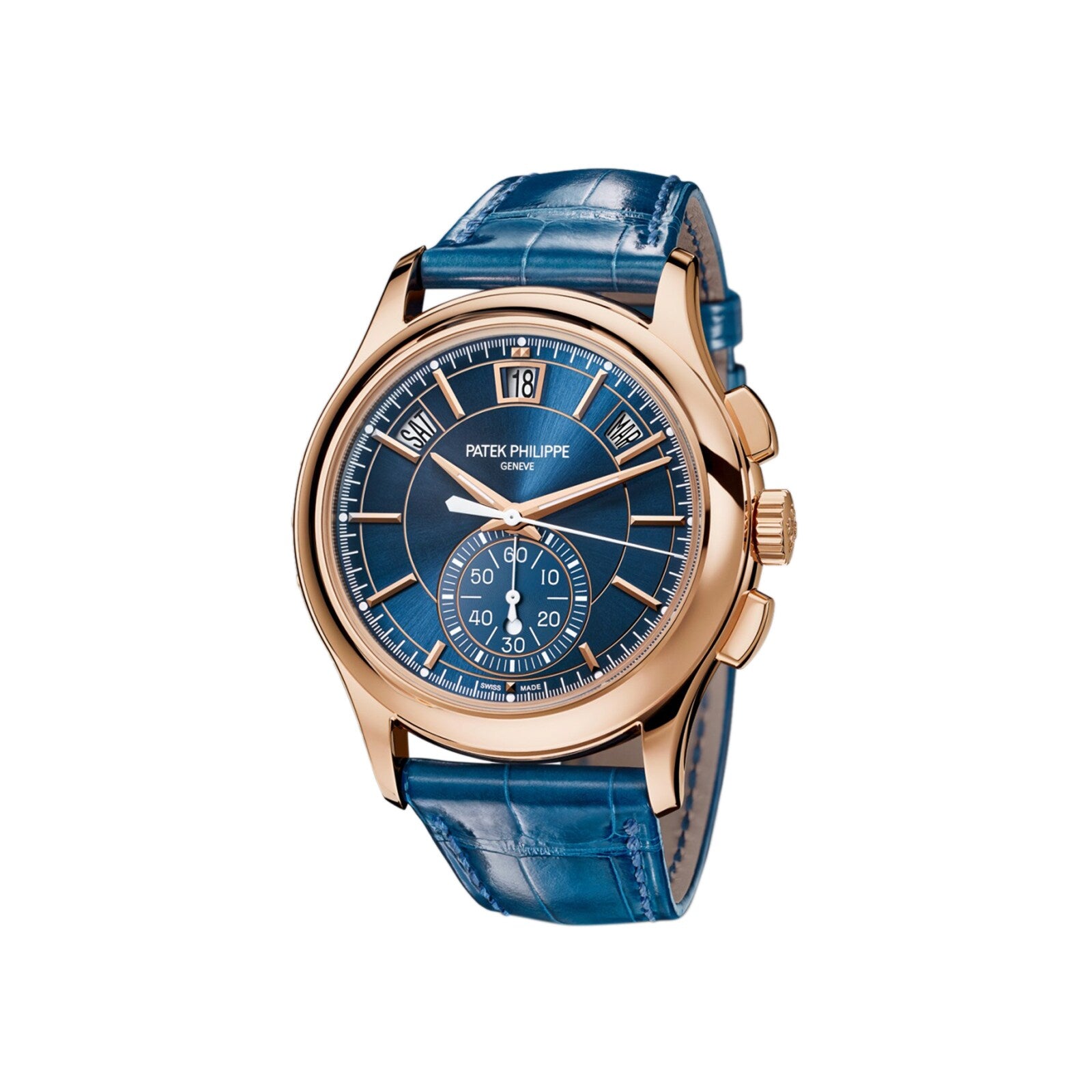 The Patek Philippe Complications 5905R-010 is a luxury watch featuring a blue dial, gold case, and blue leather strap.