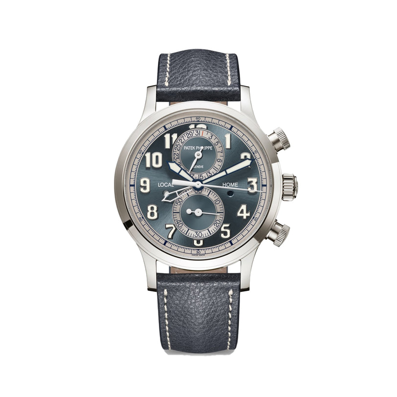 Patek Philippe Complications 5924G-001 silver wristwatch with blue leather strap, three dials, and two side buttons, shown on a white background.