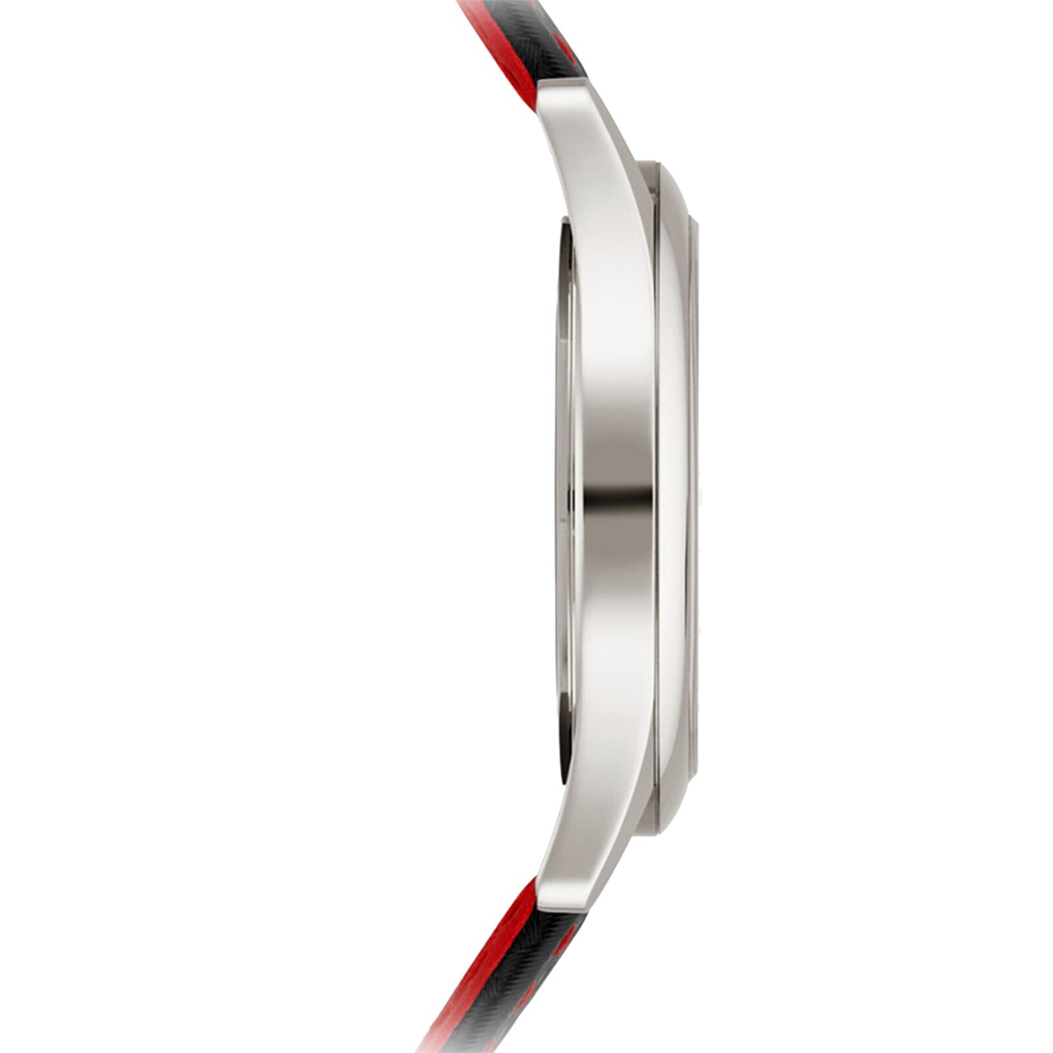 Side view of the Patek Philippe Calatrava 6007G-010, a slim wristwatch featuring a silver case and a black and red strap.